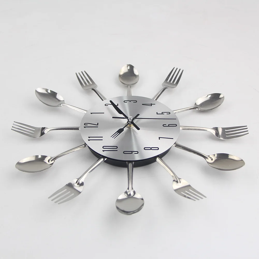 Wholesale Stainless Steel Knife And Forks Wall Clock Creative Silver Clock Kitchen Clock Living Room Electronic Wall Clock Pocke