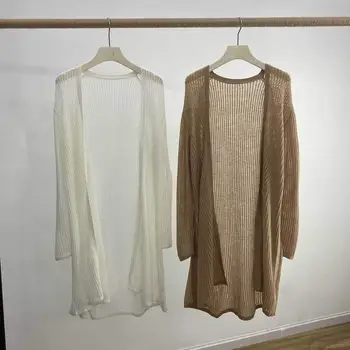 

Early Autumn Women Hollow out Cardigan Knitwear Long Sleeve Thin Ladies Loose Mid-length Sweater