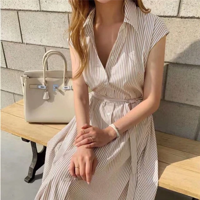 Colorfaith New 2021 Women Spring Summer Shirt Dress Multi Colors Casual Sleeveless Striped Oversize Lace Up Long Dress DR1970 2