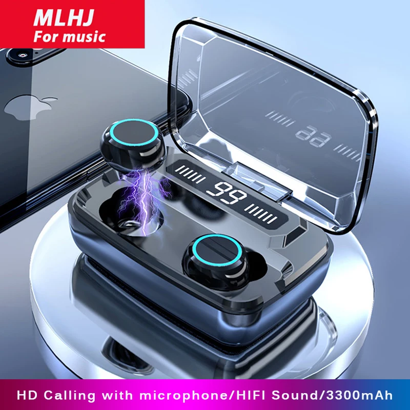 MLHJ Bluetooth Wireless Earphones 3300mAh LED Headphones Earbuds TWS Touch Control Sport Headset Noise Canceling with Microphone