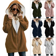 Женское пальто из искусственного меха, коллекция года, Осень-зима, Модное новое пальто из овечьего меха с капюшоном, с длинными рукавами, на молнии, теплое плюшевое пальто, hh0082