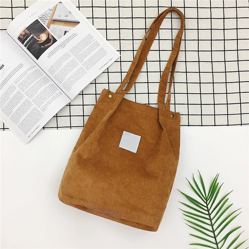 Вместительная женская Вельветовая Сумка-тоут, Женская Повседневная однотонная сумка через плечо, складная многоразовая Женская пляжная сумка для покупок - Цвет: Brown