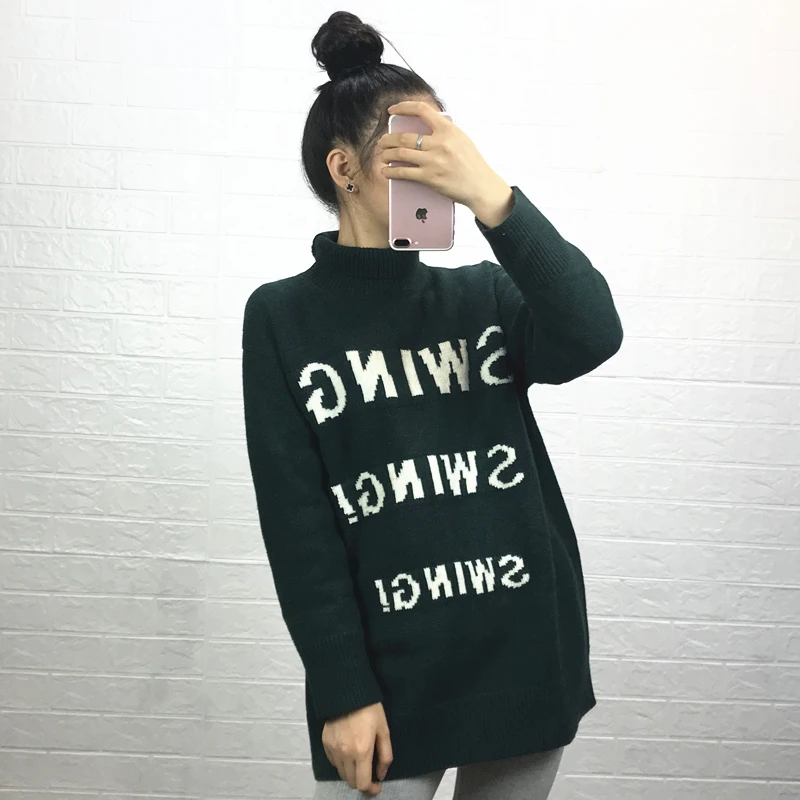 Autumn and Winter Solid Sweater Letter Printing Turtleneck Long Sleeve Knitted Pullover Top