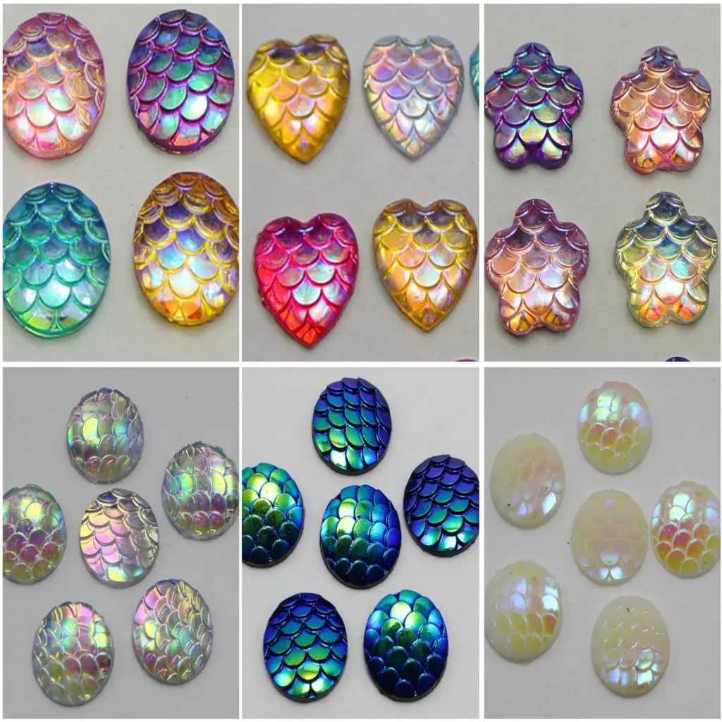 

100 Mixed Colour Flatback Resin Fish Scale Pattern Cabochon 12mm Round Heart