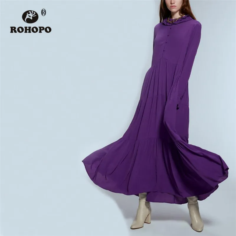

ROHOPO Cascading Ruffled Purple Midi Dress Overlocked Neckline Top Buttons Closure Long Sleeve Ruffed Cuff Solid Vestido #9113