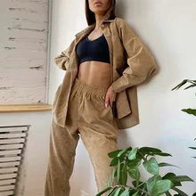 

Casual Fashion Suit Women 2021 Autumn Long Sleeve Shirts Trousers Two Piece Set Single Breasted Tops Wide Leg Pants Sets Female