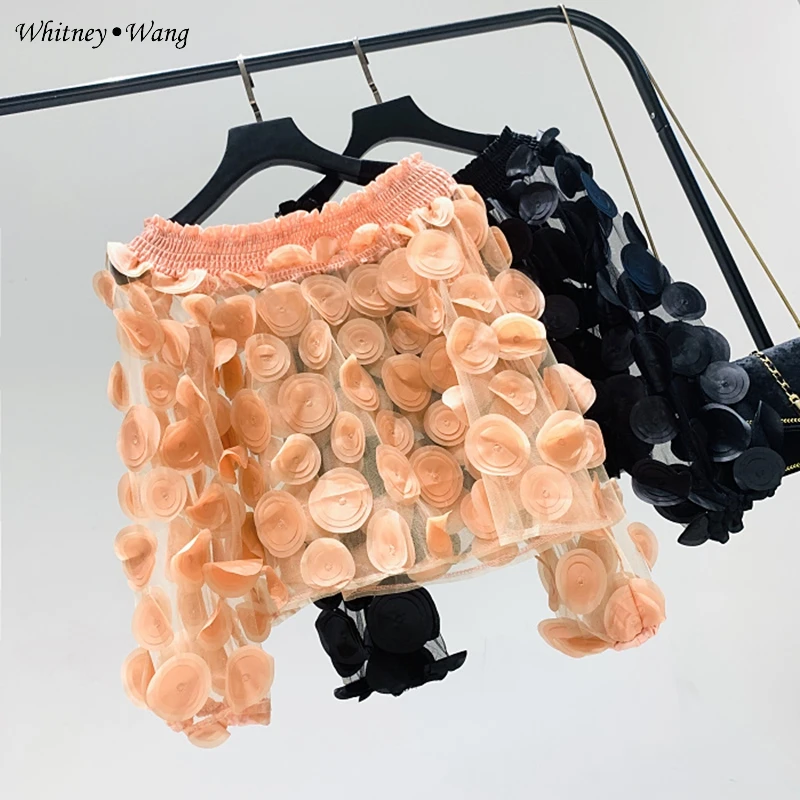 WHITNEY WANG Осенняя модная Уличная Сексуальная с вырезом лодочкой 3D Цветочная сетчатая блузка женские блузы рубашки топы