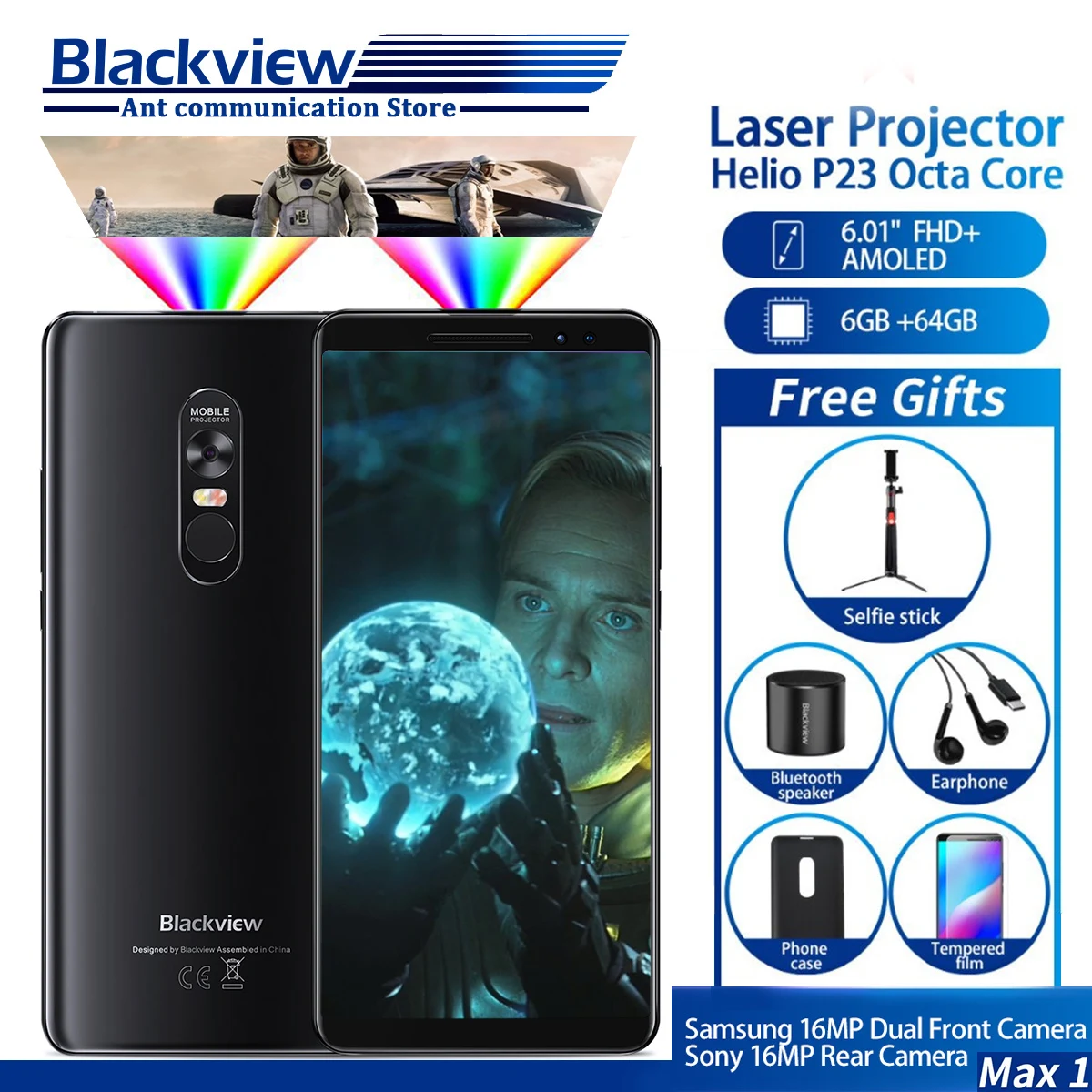 

Blackview MAX 1 Projector Mobile Phone Android 8.1 Mini Projector Portable Home Theater 6GB+64GB Smartphone MAX1 NFC OTG LTE 6.
