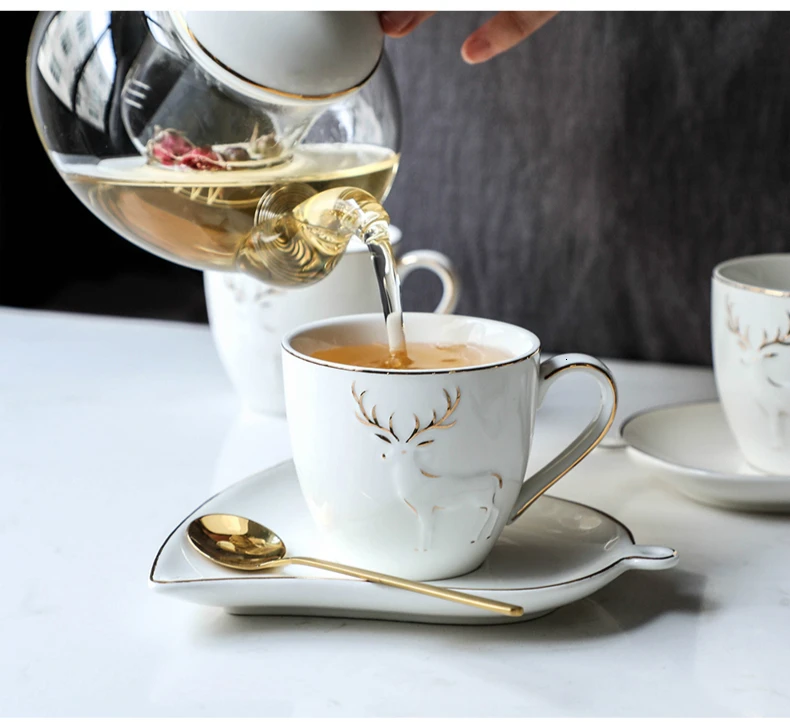 Скандинавский светильник, роскошный контур лося в золотом капучино, кофейная чашка с креативным блюдцем, чайная ложка, набор, ароматизированный чай, кафе, эспрессо, кружка