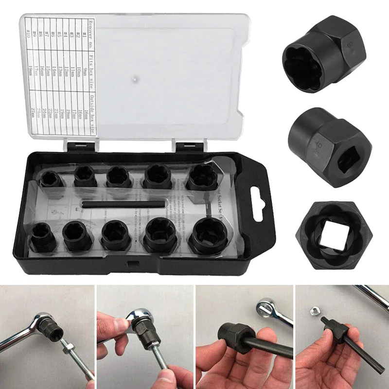 

11pcs Damaged Lugs Nut And Lock Remover Twists Socket Set Screw Extractor Tools CLH@8