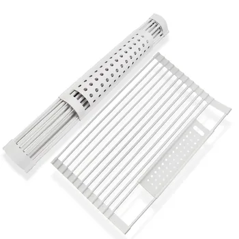 

Kitchen Roll Up Dish Rack Drain Rack Drying Holder Foldable Drainer Organizer Fruit Vegetable Sink Rack with Hanging Basket