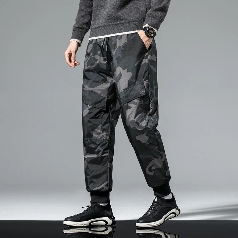 

Пуховые брюки, однотонная мужская зимняя спортивная верхняя одежда, толстые брюки на белом утином пуху, теплые прямые брюки, повседневные беговые штаны с эластичным поясом