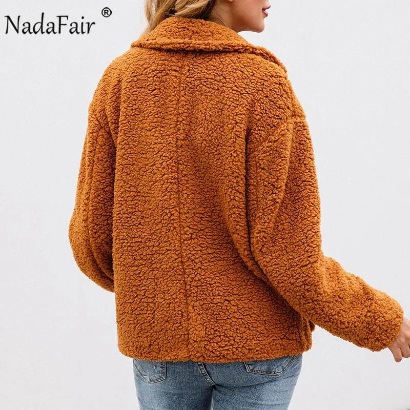 Nadafair женское повседневное зимнее пальто из искусственного меха куртка осень пушистые карманы теплый толстый размера плюс плюшевое пальто женская верхняя одежда