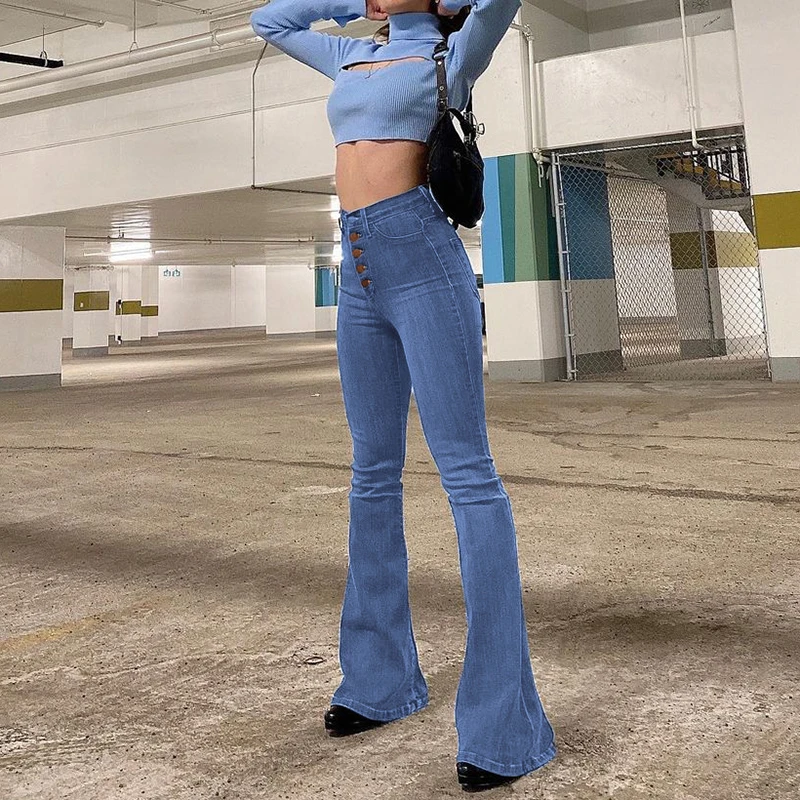 Jean évasé à bouton unique pour femme, pantalon en Denim Vintage, taille haute, Streetwear Harajuku, Y2K, 2021 Jean évasé à bouton unique pour femme, pantalon en Denim Vintage, taille haute, Streetwear Harajuku, Y2K, 2021
