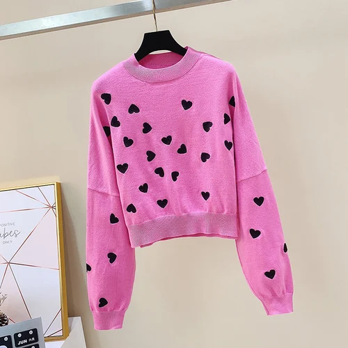 Розовый Aliexpress Love трикотажная корейская мода розовый Pull Femme принт сердце Осень Зима Одежда вышивка Короткие Sueter Mujer 12827 - Цвет: Розовый