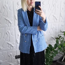 

Spring Tweed Blue Blazers 2021 Fashion Solid Loose Blazer Autumn Casual Double Breasted Streetwear Jackets Cool Girls Chic Coat