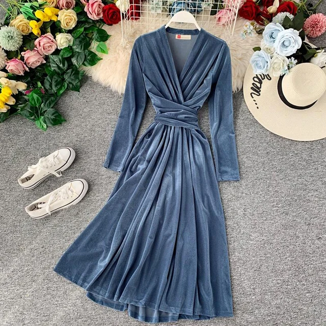 2020 Spring New Women Velvet Dress Vintage Long sleeve V-neck Bandage Dresses High waist Elegant Black Party Dress Vestido 1