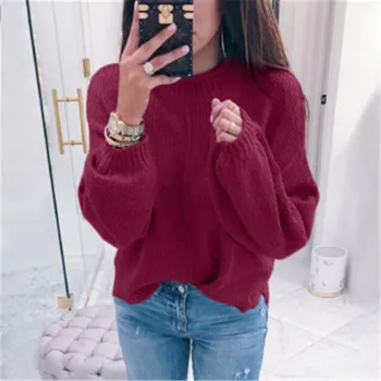 

Knitted O-neck Sweater Solid Autumn Winter Women's Lantern Sleeve Sweater Loose Casual Ladies All-match top for women clothing
