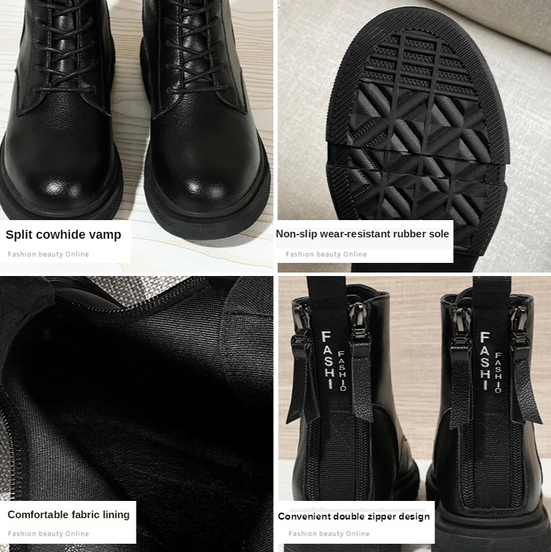 Hiver cuir bottes femmes 2022 mode plate-forme fourrure dames court bottines femme moto Martin bottes Botas Mujer noir ► Photo 2/6