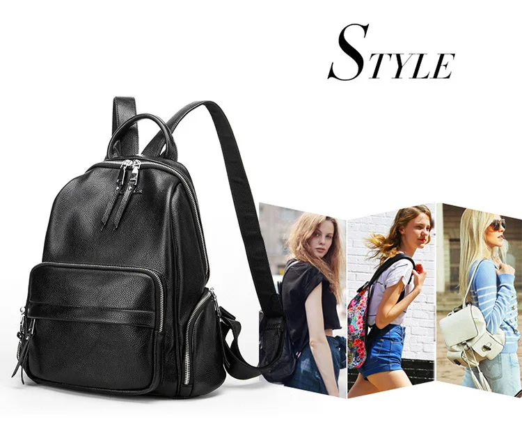 Double zipper Women Backpack Retro Black Ladies Large Soft Real Leather Backpacks Purse 15 inch Casual Girls School knapsack Bag (5)