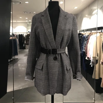 

New Autumn and Winter Women Retro Belt Waist Slim Blazer Suit Coat Female Leisure Plaid Jacket Outfit Spring Overcoats