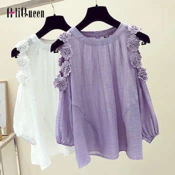 

Sexy Off Shoulder Womens Tops and Blouses 2020 Fashion Pink Flower Embroidery Chiffon Shirts Half Puff Sleeve Blusas Plus Size