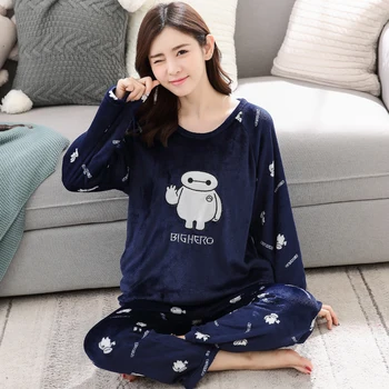 

Autumn Winter Couples Thick Warm Flannel Pajama Sets For Women Long Sleeve Coral Velvet Pyjama Female Cartoon Sleepwear Homewear