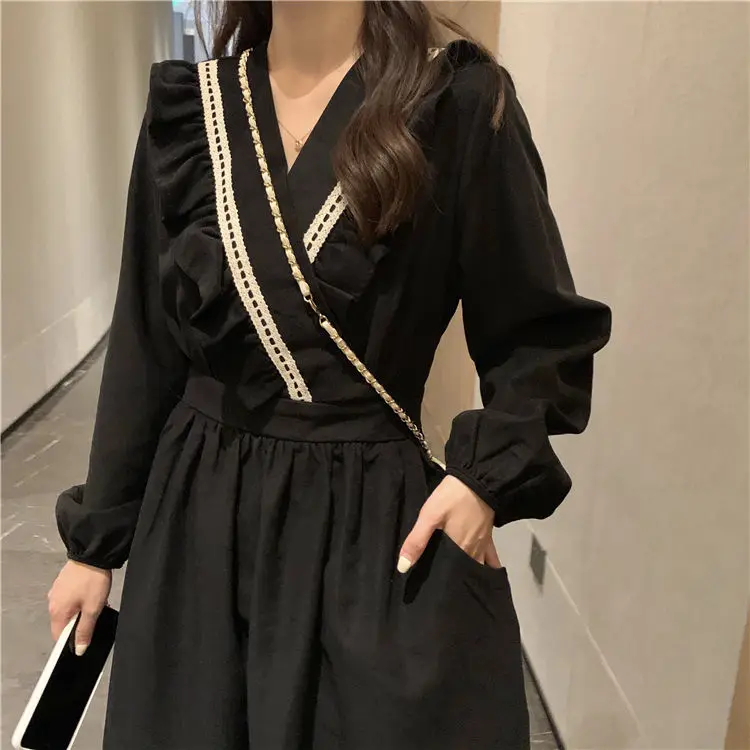 Women Patchwork Dresses Loose Black V-neck Leisure Tunic Temperament Long Sleeve Teenagers Midi Trendy Designer Females Ulzzang shirt dress