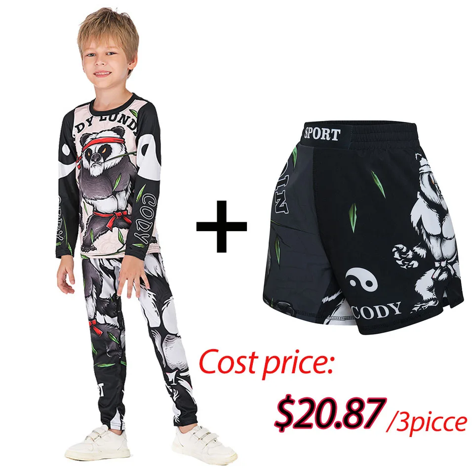 Kids MMA Rashguard BJJ GI T-shirt +Pants Jiu Jusit Tight Trousers Muay Thai Shorts 3Pcs/Set Children MMA Compression Sportsuits 2