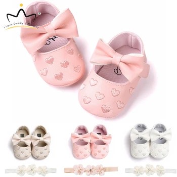 

New Pink Bowknot Princess Baby Girl Shoes Headband Set PU Leatherr Soft Cotton Anti Slip Toddler Shoes Girls Summer Baby Shoes