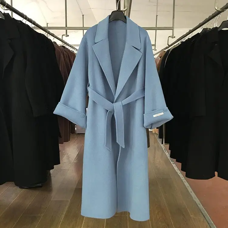 Корейский Зимний высококачественный пояс свободный х-длинный плюс размер Ручная сшитая двухсторонняя шерстяная куртка Женский банный халат-стиль куртка - Цвет: Синий