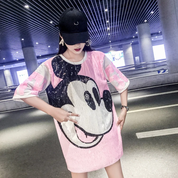 

Chic Women's Mickey Mouse T-Shirts Beading Tees O-Neck Cotton Blended Short Sleeved Sequined embroidery Casual Tops 2019 Summer