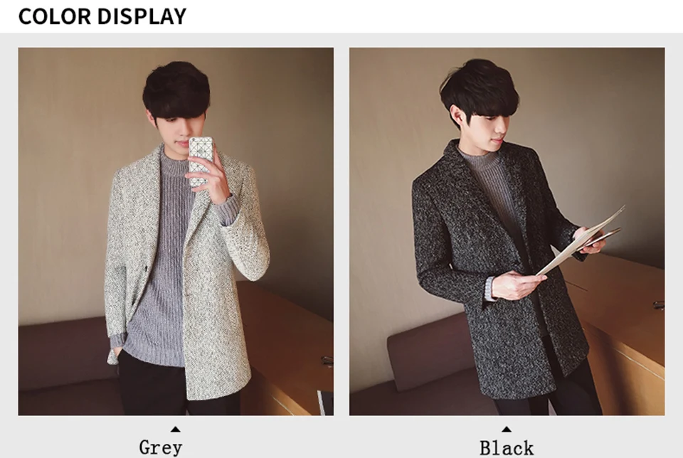 HCXY корейское мужское шерстяное пальто, Тренч средней длины для мужчин, тонкая шерстяная куртка для мужчин
