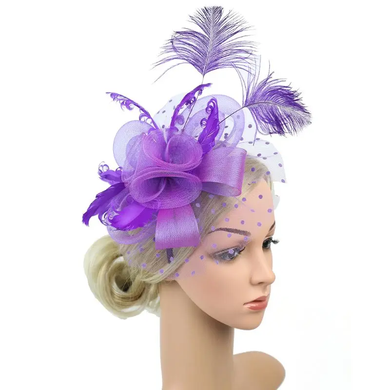 Women Netting Big Flower Headband Feather Fascinator Hair Hoop Party Headwear