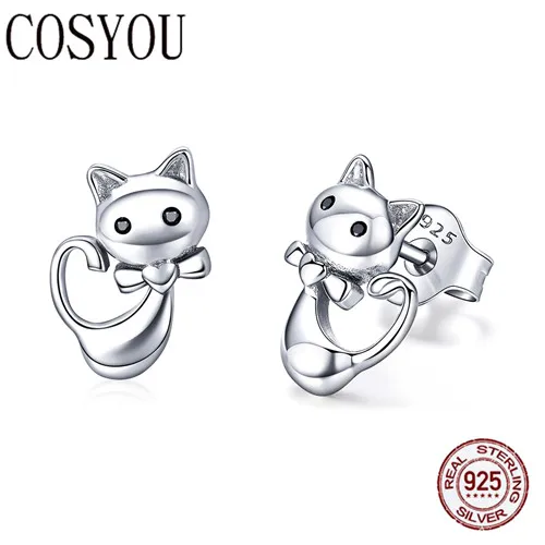 

COSYOU Cat Collection 925 Sterling Silver Sticky Cat Animal Small Stud Earrings for Women Fashion Sterling Silver Jewelry SCE450