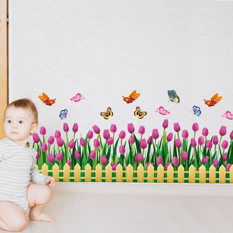 

[shijuekongjian] Tulips Fence Glass Sticker Vinyl DIY Flowers Wall Decals for Living Room Kindergarten Shop Window Decoration