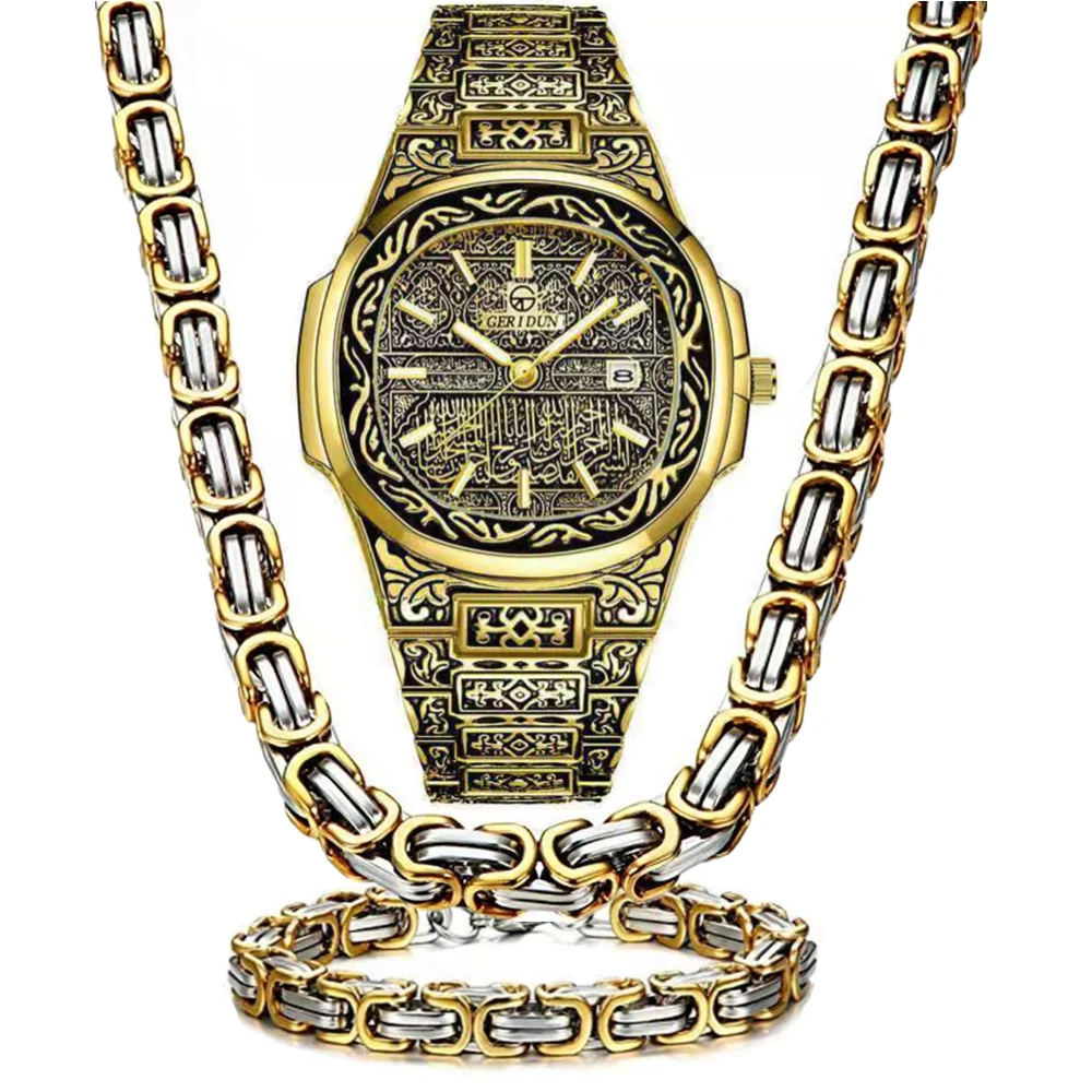 3PCS Necklace+Watch+Bracelet Hip Hop Luxury Stainless Steel 8mm Imperial Chain Gold Watches Men Jewelry Vintage Watch Set Reloj