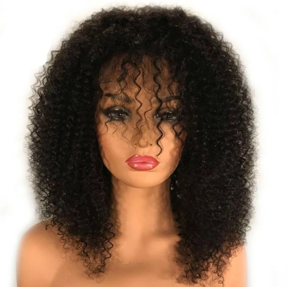 

Afro Kinky Curly Scalp Top Wig with Bangs 200% Density Mongolian Remy Human Hair Wig Silk Top Full Machine Wigs Skin Base O Part