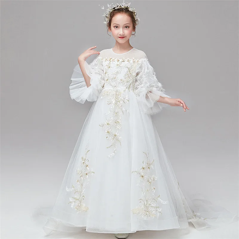 Детские элегантные костюмы белого цвета с длинными рукавами для девочек, пышное платье для девочек-подростков на день рождения, свадьбу