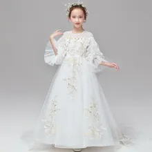 Детские элегантные костюмы белого цвета с длинными рукавами для девочек, пышное платье для девочек-подростков на день рождения, свадьбу