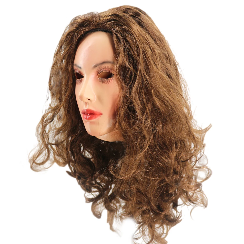 Realistic Latex mask Female Woman Face Halloween Latex Mask with Wig Lady Crossdressing Sissy Transgender Costume