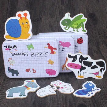 Big Size Flake Baby Wooden Puzzle Early Education Animal Fruit Cognition Pair Card Puzzle Set With Metal Box For Infant Gift 1