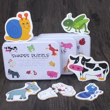 Big Size Flake Baby Wooden Puzzle Early Education Animal Fruit Cognition Pair Card Puzzle Set With Metal Box For Infant Gift