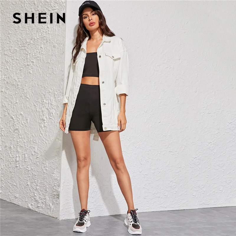 SHEIN белая выбеленная длинная джинсовая куртка с поясом Женская осенне-Весенняя верхняя одежда с воротником на пуговицах