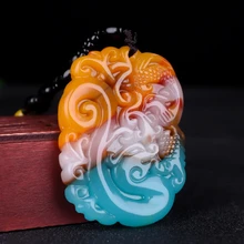 Colorful Jade Dragon Phoenix Jade Pendant Necklace Jewellery Chinese Hand-Carved Relax Healing Women Man Luck Gift Amulet New