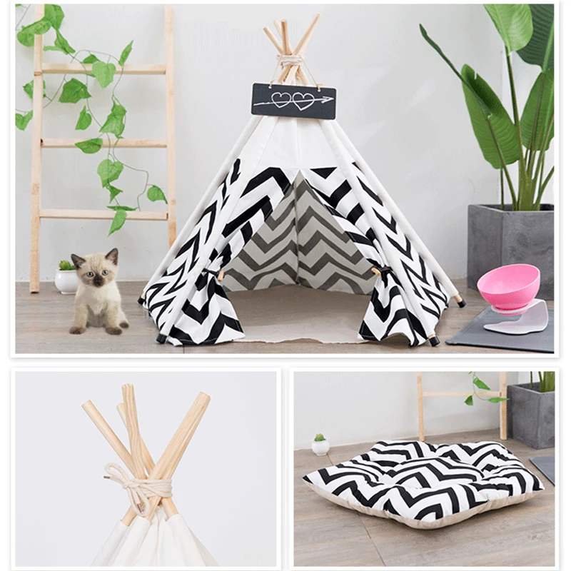 Stripes Foldable Tent Type Pets Dog Bed Washable Cotton Canvas Dog Kennel Cat House Tent For Dogs Basket Pet Bed Dog Accessories