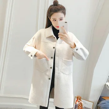 

Nicesnowl New arrival Women Woolen Coat Thicken Long Sleeve Medium-short Collar Open Front Parka Belt Women Coat