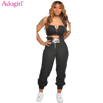 

Adogirl Solid Women Casual Two Piece Set Zipper Tube Top Lace Up Ruffle Sweatpants Female Tracksuit Summer Home Suit Apparel