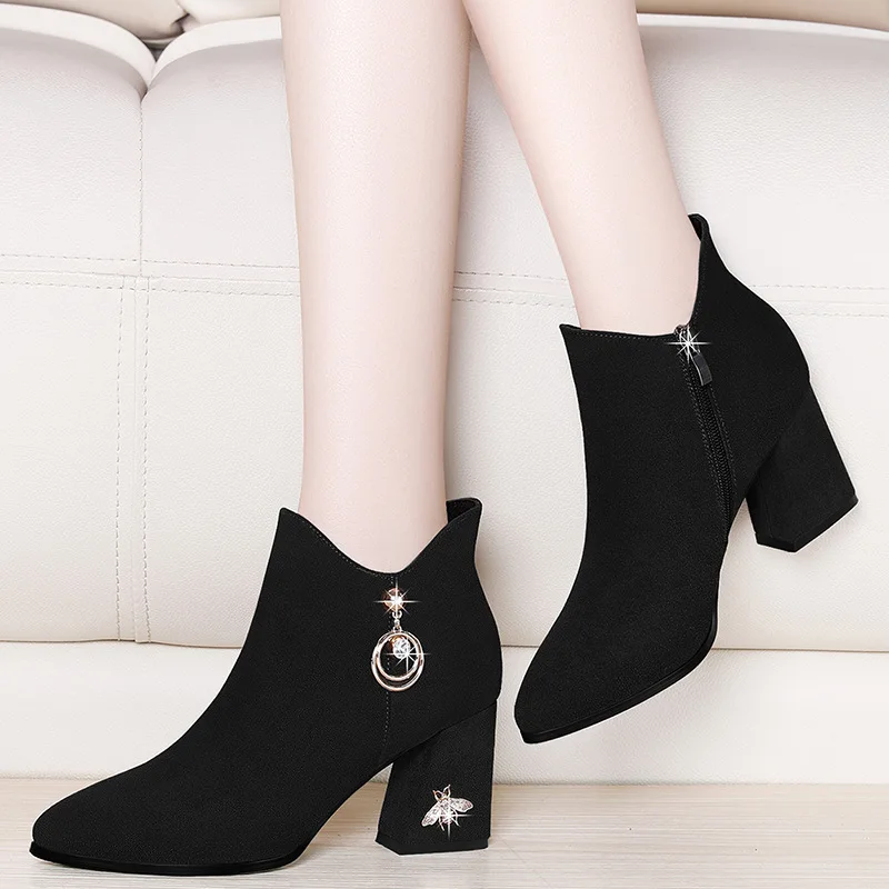 

Pointed Toe Chunky Heel High Heel Boots Women's 2019 Autumn And Winter New Style Thick Bottomed Martin Boots plus Velvet WOMEN'S