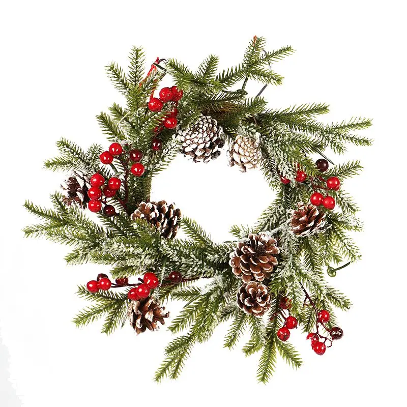 

NEW 40cm Christmas Wreath PE Pine Cone Red Fruit Wreath Christmas Door Decoration White Flocking Pendant